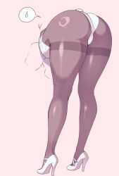 Rule 34 | 1girl, ass, ass focus, bent over, crack, cracked wall, glory wall, high heels, highres, indie virtual youtuber, legs, leotard, lower body, pantyhose, pink background, playboy bunny, rabbit tail, rapid17, simple background, solo, spoken sweatdrop, stuck, sweatdrop, tail, thighband pantyhose, through wall, white leotard