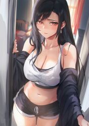 1girl adapted_costume bare_shoulders black_bra black_hair black_shorts blush bra breasts cleavage crop_top doorway entrance final_fantasy final_fantasy_vii final_fantasy_vii_remake fingerless_gloves gloves highres large_breasts long_hair looking_at_viewer navel open_door opening_door pov_doorway red_eyes shirt short_shorts shorts solo sports_bra spykeee stomach sweat tank_top tifa_lockhart underwear white_shirt
