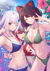3girls alternate_costume ange_katrina animal_ears bikini black_hair blue_bikini breasts brown_eyes cat_ears color-coded commentary_request flower frilled_bikini frills green_bikini green_eyes highres inui_toko kashiwagi_touko lize_helesta long_hair matching_accessory medium_breasts multiple_girls nijisanji red_bikini red_eyes red_hair sanbaka_(nijisanji) short_hair side-tie_bikini_bottom swimsuit v virtual_youtuber white_hair