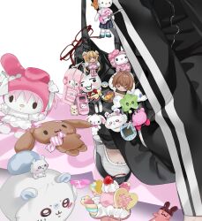 1boy black_bag black_jacket black_pants cali_kki cellphone character_charm character_doll character_request charm_(object) cherry chiikawa copyright_request cosplay doko_demo_issho flip_phone food fruit fuwa_fuwa_cinnamoroll glasses heisei_retro hello_kitty hello_kitty_(character) highres inoue_toro jacket kaname_madoka kaname_madoka_(cosplay) kirby kirby_(series) korilakkuma kuchipatchi mahou_shoujo_madoka_magica male_focus mamametchi mametchi memetchi mitakihara_school_uniform mocha_(cinnamoroll) momonga_(chiikawa) my_sweet_piano nintendo onegai_my_melody original out_of_frame pants phone san-x sanrio school_uniform shirousa_(sugarbunnies) shoes simple_background solo stuffed_toy sugarbunnies tamagotchi tamagotchi_(classic) tamagotchi_(virtual_pet) white_background white_shoes yoshikitty
