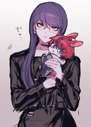 black_dress black_jacket blue_eyes chibi collar dress eyelashes glasses highres holding_chibi jacket japanese_text long_hair long_sleeves multicolored_eyes purple_hair rabbit_ears red_eyes red_hair shizuhara_hiruko simple_background skr_umum sumino_takumi the_hundred_line_-last_defense_academy- white_background