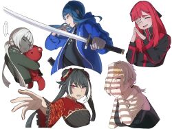 5girls bari_(project_moon) black_bow black_hair black_jacket blue_hair blue_jacket bow charon_(project_moon) closed_eyes colored_skin dress grey_dress grey_skin hair_bow hands_up heiya_desu highres holding holding_sword holding_weapon hug jacket jia_xichun_(project_moon) kkomi_(project_moon) kromer_(project_moon) limbus_company long_hair long_sleeves low_ponytail multicolored_hair multiple_girls open_mouth pink_eyes pink_hair ponytail project_moon short_hair_with_long_locks sidleocks simple_background smile streaked_hair stuffed_animal stuffed_toy sword teddy_bear twintails very_long_hair weapon white_background white_hair yuri_(project_moon)