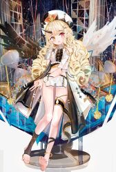 1girl absurdres aiu_. asymmetrical_wings bare_legs barefoot black_horns black_wings blonde_hair character_request commentary_request copyright_request drill_hair fang feathered_wings heterochromia highres horns long_hair mismatched_wings open_mouth pointy_ears shorts single_horn skin_fang soles solo stirrup_legwear toeless_legwear toes wings