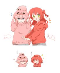 Rule 34 | 2girls, blue eyes, blush, bocchi the rock!, closed eyes, flying sweatdrops, gotoh hitori, gotoh hitori (tsuchinoko), hands up, highres, hood, hood down, hood up, hoodie, kita ikuyo, long hair, long sleeves, multiple girls, multiple views, one side up, open mouth, pink hair, pink hoodie, rebecca (keinelove), red hair, red hoodie, simple background, sparkle, standing, translation request, upper body, white background, yellow eyes
