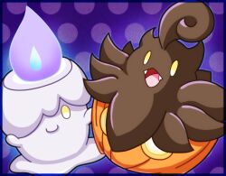 border commentary_request fangs fire gen_5_pokemon gen_6_pokemon lai_(pixiv1814979) litwick looking_at_viewer nintendo no_humans one_eye_covered open_mouth pokemon pokemon_(creature) polka_dot polka_dot_background pumpkaboo purple_background purple_fire yellow_eyes