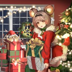 Rule 34 | 1girl, alternate costume, bell, black hairband, box, brown hair, christmas stocking, christmas tree, christmas wreath, commentary, english commentary, fur-trimmed jacket, fur trim, gift, gift box, hairband, highres, holding, holding box, indoors, jacket, lumi (wuthering waves), minglu (gululu), night, red jacket, short hair, solo, two side up, window, wreath, wuthering waves