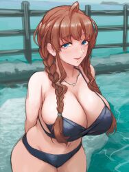 1girl absurdres ahoge alternate_hairstyle arms_behind_back assault_lily bare_arms bare_shoulders bikini black_bikini blue_eyes blush braid breasts brown_hair cleavage collarbone commentary cosplay cowboy_shot day fence groin hair_over_shoulder highres huge_breasts izawa_mikako izawa_mikako_(cosplay) jewelry kaede_johan_nouvel long_hair looking_at_viewer low_twin_braids low_twintails mabuta_kayumi navel necklace nose_blush ocean outdoors parted_lips photo-referenced protected_link sidelocks solo standing stomach swimsuit twin_braids twintails voice_actor_connection water