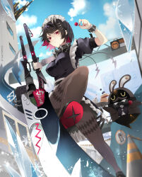 1girl bangboo_(zenless_zone_zero) black_dress black_hair black_pantyhose blue_sky candy colored_inner_hair dress ellen_joe fins fish_tail food hairband highres holding holding_candy holding_food holding_lollipop holding_scythe komesiwo_syumi lollipop maid maid_headdress metal_hairband mole mole_under_eye multicolored_hair outdoors pantyhose razor_blade_hair_ornament red_eyes red_nails scar scar_on_tail scythe shark_girl shark_tail short_hair sky spiked_headband tail zenless_zone_zero