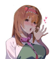 1girl alternate_breast_size blush breasts brown_hair capelet commentary_request cookie_(touhou) dress fellatio_gesture food-themed_hair_ornament green_dress hair_ornament hairband highres ichigo_(cookie) large_breasts long_hair looking_at_viewer necktie open_mouth purple_eyes purple_necktie red_hairband saliva saliva_trail simple_background solo strawberry_hair_ornament tirano_tenchou upper_body white_background white_capelet