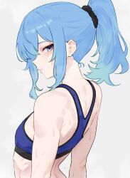 1girl absurdres blue_eyes blue_hair blue_sports_bra bluefield commentary english_commentary flat_chest high_ponytail highres hololive hoshimachi_suisei looking_at_viewer ponytail sidelocks sideways_glance simple_background solo sports_bra star_(symbol) star_in_eye sweat symbol_in_eye upper_body virtual_youtuber