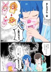 3girls animal aqua_scrunchie artist_name asukamama89 bird black_hair blue_hair blue_shirt cat closed_eyes commentary ellee-chan emphasis_lines hair_ornament hair_scrunchie healin&#039;_good_precure highres hirogaru_sky!_precure holding holding_animal imagining in-franchise_crossover kakuma_ai long_sleeves medium_hair multiple_girls nekoyashiki_mayu nekoyashiki_yuki nijigaoka_mashiro precure purple_hair rabbit rabirin_(precure) scrunchie shirt side_ponytail signature smelling sora_harewataru sweatdrop translated voice_actor_connection wonderful_precure! yuunagi_tsubasa yuunagi_tsubasa_(bird)