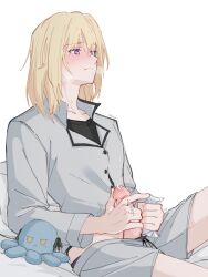 1girl amakuma bang_dream! bang_dream!_it&#039;s_mygo!!!!! blonde_hair blush closed_mouth clothes_pull commentary futanari futanari_masturbation grey_shirt grey_shorts hair_between_eyes highres long_sleeves masturbation medium_hair misumi_uika penis precum purple_eyes shirt shorts shorts_pull simple_background solo sweat togawa_sakiko white_background