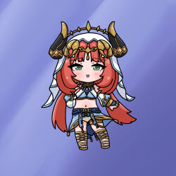 1girl :d bare_shoulders blue_background blue_skirt blush breasts brown_hair brown_sandals chibi commentary_request detached_sleeves fake_horns full_body genshin_impact green_eyes highres horns long_hair looking_at_viewer mokkyo_(motkyo) navel nilou_(genshin_impact) open_mouth puffy_short_sleeves puffy_sleeves sandals short_sleeves skirt small_breasts smile solo veil very_long_hair white_sleeves