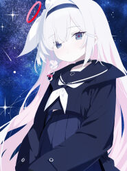 1girl absurdres black_choker black_hairband black_jacket black_sailor_collar black_serafuku black_shirt black_skirt blue_archive braid choker closed_mouth gallve grey_eyes hair_over_one_eye hair_ribbon hairband halo highres jacket long_hair looking_at_viewer multicolored_hair neckerchief pink_hair plana_(blue_archive) red_halo ribbon sailor_collar school_uniform serafuku shirt sidelocks single_braid skirt solo space two-tone_hair white_hair white_neckerchief white_ribbon