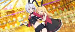 Rule 34 | 2girls, :d, animal ear hairband, animal ears, armpit crease, black gloves, black shorts, black skirt, blonde hair, breasts, casino, chair, chandelier, chris (konosuba), closed eyes, earrings, facial scar, fake animal ears, fake tail, frilled skirt, frills, game cg, garter straps, gloves, grey hair, groin, hair between eyes, hairband, half gloves, highres, holding, holding tray, indoors, iris (konosuba), jewelry, kono subarashii sekai ni shukufuku wo!, konosuba! fantastic days, leotard, light blush, long hair, looking at another, matching outfits, medium skirt, midriff, multiple girls, navel, necktie, official alternate costume, official art, open mouth, playboy bunny, purple eyes, pushing, rabbit ear hairband, rabbit ears, rabbit tail, red necktie, red vest, scar, scar on cheek, scar on face, short hair, short necktie, short shorts, shorts, side ahoge, sidelocks, skirt, small breasts, smile, stomach, table, tail, tray, vest, waistcoat, wispy bangs