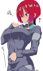 1girl amate_yuzuriha aqua_eyes blush breasts grey_jacket grey_skirt gundam gundam_gquuuuuux highres jacket large_breasts long_sleeves red_hair short_hair skirt solo squiggle unadon