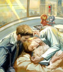 Rule 34 | 2boys, animal, animal ears, animal hug, animal nose, avengers (series), black jacket, blonde hair, blue shirt, brown hair, building, cat, cat ears, cat tail, character doll, city, clipboard, closed eyes, closed mouth, cloud, cloudy sky, collarbone, collared shirt, doll, facial hair, hand up, highres, indoors, jacket, lapels, long sleeves, lying, male focus, marvel, marvel cinematic universe, multiple boys, necktie, on side, open clothes, open jacket, peachline1106, pencil, pet, pillow, recording, shirt, short hair, sitting, sky, skyscraper, sleeping, smile, steve rogers, striped necktie, suit jacket, sunlight, sunset, tail, teeth, tony stark, viewfinder, white fur, white shirt, window, yaoi, yellow necktie