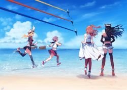 4girls aircraft airplane bare_shoulders black_hair black_legwear black_skirt blew_andwhite blonde_hair brown_hair cloud day dress elbow_gloves from_behind gloves hat headgear high_side_ponytail highres historical_name_connection kantai_collection long_hair long_sleeves microskirt miniskirt multiple_girls nagato_(kancolle) name_connection neckerchief operation_crossroads outdoors peaked_cap pleated_skirt prinz_eugen prinz_eugen_(kancolle) purple_hair red_legwear red_neckerchief red_skirt rudder_footwear running_on_liquid sakawa_(kancolle) saratoga_(kancolle) school_uniform shipwreck short_hair side_ponytail single_thighhigh skirt sky sleeveless standing standing_on_liquid thighhighs white_dress white_gloves white_skirt