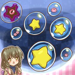Rule 34 | 1girl, absurdres, blush, bow, brown eyes, brown hair, bubble, clannad, commentary request, crossover, dango daikazoku, dark nebula, highres, hikarizaka private high school uniform, ibuki fuuko, kirby&#039;s dream land, kirby (series), kirby: squeak squad, long hair, long sleeves, low-tied long hair, marihei64ds, nintendo, open mouth, school uniform, soap bubbles, solo, star (symbol), starfish, upper body