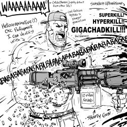 1boy absurdres backwards_hat bb_(baalbuddy) blood closed_eyes commentary english_commentary fangs gun hat highres holding holding_gun holding_weapon muscular muscular_male open_mouth orc original scope shell_casing solo topless_male weapon