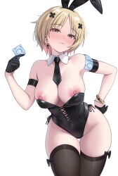 1girl absurdres animal_ears armband black_armband black_leotard black_necktie black_thighhighs blonde_hair bracelet breasts brown_eyes closed_mouth collarbone commission condom condom_wrapper_in_clothes covered_navel cross cross_earrings detached_collar earrings fake_animal_ears girls&#039;_frontline gloves gold_bracelet hair_ornament hairclip half_gloves hand_up highres holding holding_condom jewelry leaning_forward leotard looking_at_viewer medium_breasts medium_hair mp40_(champagne_of_spades)_(girls&#039;_frontline) mp40_(girls&#039;_frontline) necktie nekobao nipples playboy_bunny rabbit_ears solo thighhighs