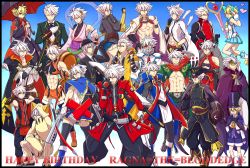 6+boys aged_down amane_nishiki amane_nishiki_(cosplay) animal_ears belt black_pants blazblue blazblue:_chronophantasma blonde_hair blue_footwear blue_skirt boots bow bullet_(blazblue) bullet_(blazblue)_(cosplay) cape carl_clover carl_clover_(cosplay) cat_boy cat_ears cat_tail character_name coat cosplay costume_chart crossdressing crossdressing_(mtf) eyepatch frown gloves green_eyes gun hair_ornament hairpin happy_birthday hat hazama hazama_(cosplay) heterochromia highres iron_tager iron_tager_(cosplay) jin_kisaragi_(cosplay) kagura_mutsuki kagura_mutsuki_(cosplay) kisaragi_jin knee_boots kokonoe_(blazblue) kokonoe_(cosplay) lao_jiu litchi_faye_ling litchi_faye_ling_(cosplay) makoto_nanaya makoto_nanaya_(cosplay) male_focus mask multiple_boys multiple_persona muscular noel_vermillion noel_vermillion_(cosplay) nu-13 nu-13_(cosplay) pants platinum_the_trinity platinum_the_trinity_(cosplay) rachel_alucard rachel_alucard_(cosplay) ragna_the_bloodedge red_bow red_eyes relius_clover relius_clover_(cosplay) reverse_grip ruuto_(ruto3) shishigami_bang shishigami_bang_(cosplay) shoes short_twintails skirt smile spiked_hair squirrel_ears squirrel_tail staff sword tail taokaka taokaka_(cosplay) top_hat topless_male tsubaki_yayoi tsubaki_yayoi_(cosplay) twintails valkenhayn_r_hellsing valkenhayn_r_hellsing_(cosplay) weapon white_hair yuuki_terumi yuuki_terumi_(cosplay)