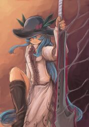 Rule 34 | 1girl, absurdres, black hat, blue hair, breasts, doekuramori, food, fruit, hat, highres, hinanawi tenshi, holding, holding sword, holding weapon, long hair, looking at viewer, one eye covered, peach, puffy sleeves, red eyes, shirt, short sleeves, smile, smoking weapon, solo, sword, sword of hisou, touhou, very long hair, weapon