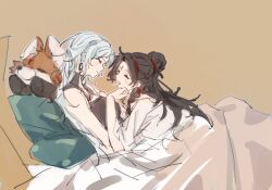 2girls black_shirt blush brown_hair closed_eyes closed_mouth commentary_request cuddling cushion du_ruo_(path_to_nowhere) earrings hair_bun highres jewelry long_hair multiple_girls on_bed open_mouth orange_background path_to_nowhere shirt simple_background sleeveless sleeveless_shirt smile stuffed_fox tooong4 under_covers white_hair white_shirt yao_(path_to_nowhere) yuri