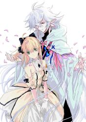 1boy 1girl ahoge artoria_pendragon_(fate) bare_shoulders blonde_hair detached_collar detached_sleeves dress falling_petals fate/grand_order fate_(series) gloves green_eyes hair_between_eyes hair_ribbon hood long_hair long_sleeves looking_at_another looking_at_viewer merlin_(fate) ngg_n petals ponytail purple_eyes ribbon robe saber_lily simple_background smile strapless strapless_dress very_long_hair white_background white_gloves white_hair white_robe