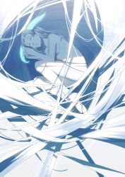 1girl achiki bad_id bad_pixiv_id barefoot blue_eyes blunt_bangs colored_skin feathers feet female_focus fetal_position glowing glowing_eyes head_wings knees_to_chest long_hair lying nest nude on_side original silver_hair smile solo white_skin wings