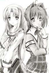 2girls absurdres asakura_otome da_capo da_capo_ii finger_to_mouth highres kyrie_rason long_hair monochrome multiple_girls rinsu skirt smile valkyrie_complex very_long_hair