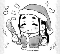 1girl breasts chibi chicken_(food) closed_eyes cola eating food fried_chicken greyscale hat highres ishida_(tsubasa_(godbardtsubasa)) large_breasts monochrome original ponytail santa_costume santa_hat simple_background solo thick_eyebrows tsubasa_(godbardtsubasa)