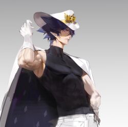 1boy absurdres alternate_costume aotu_world black_hair black_shirt chinese_commentary closed_mouth covered_abs covered_collarbone covered_navel gloves gradient_background grey_background hair_between_eyes hand_on_own_hip hand_up hat highres jacket jacket_on_shoulders male_focus muscular muscular_male pants pectorals pointy_ears purple_eyes ray_(aotu_world) shirt short_hair simple_background skin_tight sleeveless sleeveless_shirt solo spiked_hair turtleneck turtleneck_shirt waterrice11 white_gloves white_hat white_jacket white_pants
