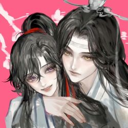2boys artist_request bishounen black_hair black_hanfu branch chinese_clothes closed_mouth eyelashes hair_ribbon hanfu headband hug hug_from_behind lan_wangji long_hair looking_at_another male_focus modao_zushi multiple_boys open_mouth pink_background ponytail purple_eyes red_ribbon ribbon ribboned_xiao_guan second-party_source simple_background smile teeth upper_body wei_wuxian white_hanfu white_headband xiao_guan_(headdress) yaoi yellow_eyes