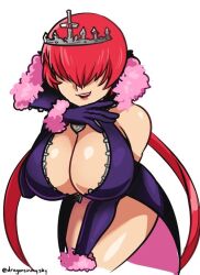 Rule 34 | 1girl, bend, breasts, cleavage, cleavage cutout, clothing cutout, coat, costume, crown, curvy, dragonsinmysky, dress, female focus, fluffy, gloves, hair ornament, huge breasts, jewelry, large breasts, long hair, open clothes, open mouth, pale skin, ponytail, queen, red hair, shermie (kof), skirt, smile, snk heroines: tag team frenzy, the king of fighters, thick thighs, thighs, twintails, wide hips