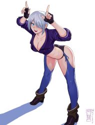 1girl absurdres angel_(kof) backless_pants blue_eyes boots bra breasts chaps cleavage cowboy_boots crop_top cropped_jacket fingerless_gloves gloves hair_over_one_eye highres horns_pose index_fingers_raised jacket large_breasts leather leather_jacket looking_at_viewer midriff navel panties pants short_hair smile snk solo strapless strapless_bra the_king_of_fighters the_king_of_fighters_2001 toned toned_female underwear watcher_hollow white_hair