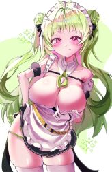 1girl absurdres antenna_hair blush bow breasts cleavage commentary detached_collar goddess_of_victory:_nikke green_hair hair_ornament highres korean_commentary large_breasts long_hair looking_at_viewer maid maid_headdress mimu_(cyus7328) mole mole_on_breast purple_eyes smile soda_(nikke) solo very_long_hair