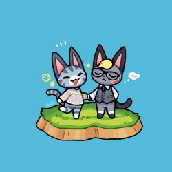 1boy 1girl absurdres animal_crossing animal_ears blue_background cat cat_boy cat_ears cat_girl cat_tail chibi chibi_only chibikemo closed_eyes commentary couple faux_figurine furry furry_female furry_male furry_with_furry glasses grass hetero highres holding_hands lolly_(animal_crossing) lovewolf5122 nintendo raymond_(animal_crossing) speech_bubble standing tail thought_bubble tsundere