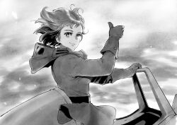 1girl ahn_dongshik aircraft aviator_cap belt belt_buckle breasts buckle closed_mouth crooked_smile derivative_work earrings aviator_goggles gloves greyscale hand_on_window hat jewelry kaze_no_tani_no_nausicaa light_smile looking_at_viewer looking_to_the_side mask monochrome mouth_mask nausicaa oxygen_mask screenshot_redraw short_hair sky solo teardrop_earrings thumbs_up tunic unworn_hat unworn_headwear unworn_mask upper_body wind