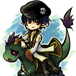 1boy black_hat black_pants brown_coat closed_mouth coat commentary_request doroidsan draco_(ragnarok_online) dragon full_body gold_trim hat hat_ornament high_priest_(ragnarok_online) long_sleeves looking_at_viewer male_focus newsboy_cap pants pointy_ears purple_hair ragnarok_online red_eyes short_hair skull_hat_ornament smile solo white_coat