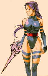 1girl angry armband bare_shoulders belt bengus blue_thighhighs breasts bridal_gauntlets capcom clenched_hand energy_blade facial_mark female_focus fighting_stance frown glowing halterneck highleg highleg_leotard highres large_breasts leotard long_hair looking_away marvel marvel_vs._capcom marvel_vs._capcom_2 ninja official_art pink_eyes psylocke purple_hair simple_background skin_tight solo standing superhero_costume sword tattoo thigh_strap thighhighs turtleneck weapon x-men