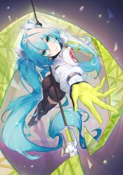 1girl absurdres aqua_eyes aqua_hair ass asymmetrical_bodysuit black_bodysuit black_boots black_gloves bodysuit boots breasts collared_jacket commentary dot_nose flag flagpole foreshortening from_above full_body gloves goodsmile_company goodsmile_racing hair_between_eyes hatsune_miku highres holding holding_flag holding_pole jacket light_smile long_hair long_sleeves looking_at_viewer medium_breasts outstretched_arm pole race_queen racing_miku racing_miku_(2022) reaching reaching_towards_viewer single_leg_bodysuit single_thigh_boot solo standing standing_on_one_leg taut_bodysuit text_print thigh_boots twintails two-tone_gloves very_long_hair vocaloid white_jacket yellow_gloves zuiai_gongzhu_dianxia