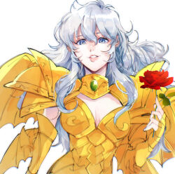 1girl armor back_fin blue_hair breasts cleavage cleavage_cutout clothing_cutout flower gem genderswap genderswap_(mtf) gold_armor gold_cloth gold_saint green_gemstone hand_up highres holding holding_flower jewelry long_hair metal_wings mole mole_under_eye multiple_wings neck_ring parted_lips pauldrons pink_lips pisces_aphrodite red_flower red_rose rose saint_seiya saint_seiya:_soul_of_gold shoulder_armor upper_body user_wxuf7532 wing_armor wings