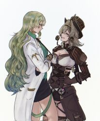 2girls black_necktie black_skirt breasts brown_gloves brown_hair brown_shirt cleavage coat corrupted_twitter_file cowboy_shot crossed_arms earrings farcicalhelix from_side gloves green_hair green_shirt grey_eyes hair_between_eyes hair_intakes hat highres holding_necktie honkai_(series) honkai_impact_3rd jewelry lab_coat large_breasts long_hair long_sleeves looking_at_viewer mobius_(honkai_impact) multiple_girls necktie ouroboros pencil_skirt shirt short_hair skirt thighs top_hat vill-v white_background white_coat