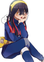 1girl :o blue_jacket blue_pants carmine_(pokemon) colored_inner_hair crossed_bangs crossed_legs eyes_visible_through_hair fanny_pack hair_between_eyes hairband head_on_hand highres jacket long_hair long_sleeves looking_at_viewer multicolored_hair nintendo open_mouth pants pokemon pokemon_sv solo taipbeeeeeta teeth twitter_username two-tone_hair white_background yellow_eyes yellow_hairband