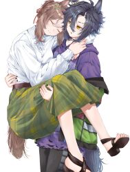 Rule 34 | 2girls, air shakur (umamusume), animal ears, arm around neck, black hair, black nails, black sandals, brown hair, brown tail, carrying, closed eyes, collared shirt, cowboy shot, curtained hair, dress shirt, eyebrow cut, eyebrow piercing, fine motion (umamusume), furawi, green skirt, hair between eyes, hand on another&#039;s back, heads together, highres, hood, hoodie, horse ears, horse girl, horse tail, multiple girls, parted hair, parted lips, piercing, plaid clothes, plaid skirt, princess carry, purple hoodie, sandals, shirt, shirt tucked in, simple background, skirt, smile, tail, toes, umamusume, white background, white shirt, yellow eyes, yuri