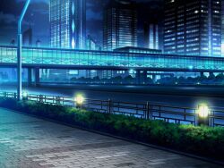 artist_request bridge building bush cloud game_cg lamppost magia_record:_mahou_shoujo_madoka_magica_gaiden mahou_shoujo_madoka_magica night night_sky no_humans official_art outdoors road scenery shade sidewalk sky skyscraper star_(sky) starry_sky street