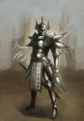 absurdres armor breastplate commentary_request facing_viewer full_armor full_body gauntlets gloves grey_background heaven&#039;s_gate_(mugen) helm helmet highres knight m.u.g.e.n original pauldrons plate_armor qghy shoulder_armor standing sword weapon