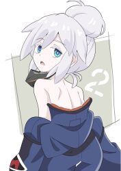 1girl black_mask blue_eyes blue_jacket colored_eyelashes commentary_request deux_murasame freckles grey_hair gundam gundam_gquuuuuux hair_bun highres jacket long_hair looking_at_viewer mask masked median_furrow mouth_mask open_mouth petite purple_pupils shimouki_izui shoulder_blades sidelocks simple_background solo unworn_mask updo white_background white_eyelashes white_hair