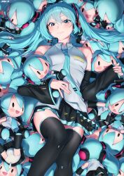 Rule 34 | :d, aqua eyes, aqua hair, aqua necktie, black skirt, black thighhighs, breasts, character doll, closed mouth, collared shirt, detached sleeves, doll, feet out of frame, hatsune miku, highres, jebi, long hair, lying, miniskirt, necktie, on back, open mouth, panties, pleated skirt, shirt, skirt, sleeveless, sleeveless shirt, small breasts, smile, tag, thighhighs, twintails, underwear, vocaloid, white panties